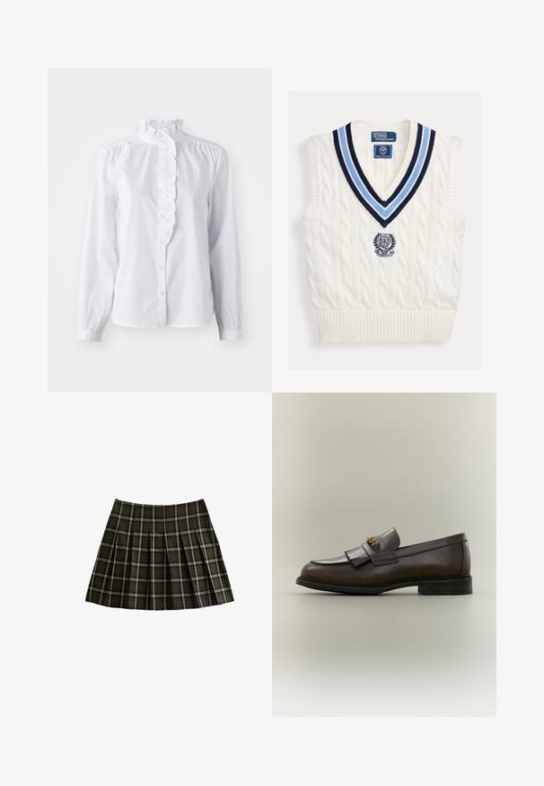 Hvid kabelstrikket ærmeløs sweatervest med blåstribet V-hals og Polo Ralph Lauren Wimbledon-logo på brystet.; Hvid skjorte med lange ærmer, flæset høj krave og lodret flæseaccent foran. Letvægts bomuldsstof.; Rutet miniskørt i mørkegrøn og rød med plisseret design og en glat overflade. Lavet af stof med en blød finish.; Mørkebrun læderloafer med frynser og guldbeslag på sort sål, vist fra siden på en neutral baggrund.