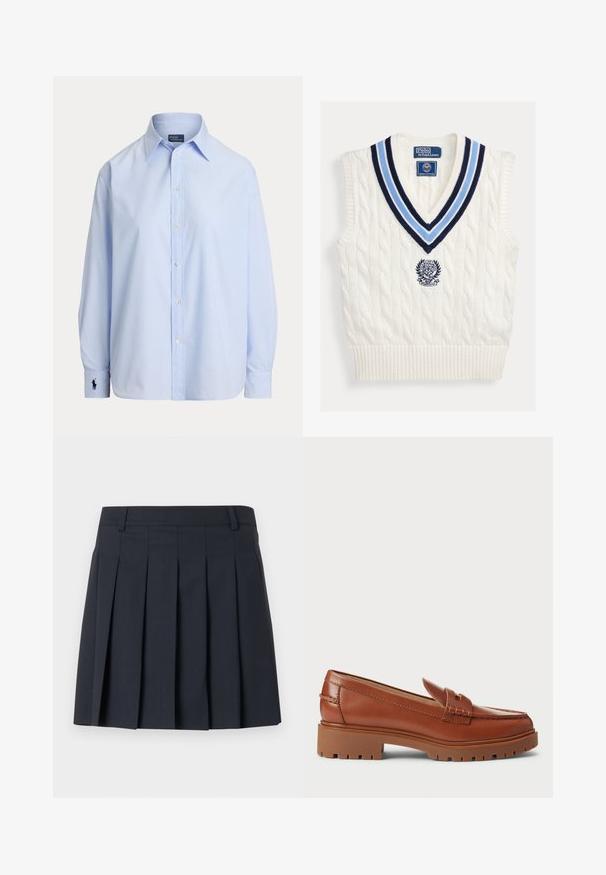 Valge soonikkoes varrukateta kampsunisärk sinise triibulise V-kaeluse ja rinnal asuva Polo Ralph Laureni Wimbledon'i logoga.; Hele sinine pika varrukaga nööpidega särk terava kraega ning vasakul mansetil tikitud logoga, valgel taustal.; Tumesinist värvi voltidega seelik, millel on lame vöökoht, valmistatud siledast kangast. Omaduseks mitu vertikaalset voltimist ja kohandatud disain.; Pruuni nahast loafers, millel on mokassiini varvas, nähtavad õmblused ja paks, tekstureeritud kummitald. Kuldtoneeritud detailid.