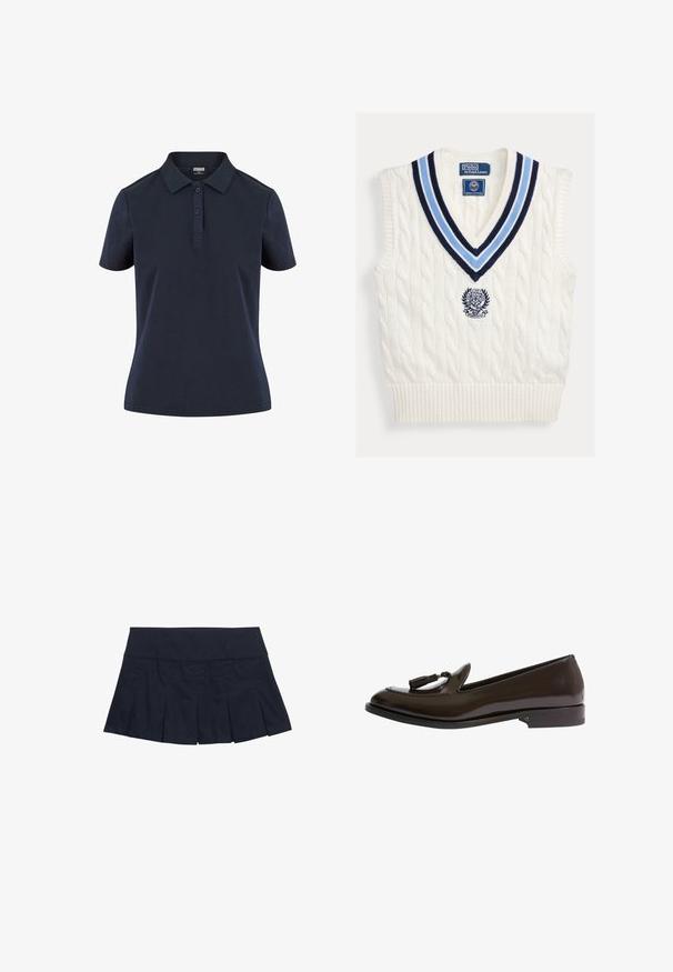 Chaleco sin mangas blanco de punto con cuello en V a rayas azules y logotipo de Polo Ralph Lauren Wimbledon en el pecho.; Camisa polo azul marino hecha de tejido suave, con un cuello clásico, tapeta de tres botones y mangas cortas con un corte relajado.; Minifalda plisada azul marino oscuro con cinturilla ancha y detalles cosidos, mostrada sobre un fondo blanco liso.; Scarosso SIENNA RIGHT - Zapatos sin cordones - brown brushed calf