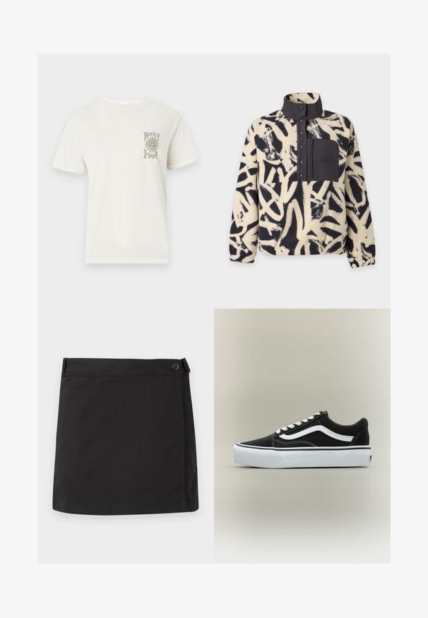 Pull polaire avec motif abstrait noir et blanc, col montant, boutons-pression à l'avant et poche poitrine zippée noire.; T-shirt blanc à manches courtes avec encolure ronde, présentant un petit motif gris d'une fleur et le texte "ROXY 1990" sur la poitrine gauche.; Mini-jupe noire en coton avec fermeture latérale à boutons et ourlet droit, présentée à plat sur un fond blanc.; Baskets basses noires avec bande blanche latérale, lacets blancs, semelle en caoutchouc blanche et bout texturé sur fond neutre.