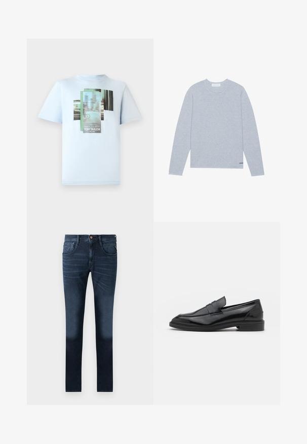 Lys grå langærmet sweater med ribbet tekstur, rund halsudskæring og et lille sort logo ved sømmen. Minimalistisk design.; TOM TAILOR T-shirts print - light metal blue; Mørkeblå denim jeans med klassisk lige design, der har forlommer, subtil falmning og knaplukning i taljen.; Sorte læder loafers med en glat overflade, der har en rund tå og en smal bånd over det øverste. Lav stablet hæl.