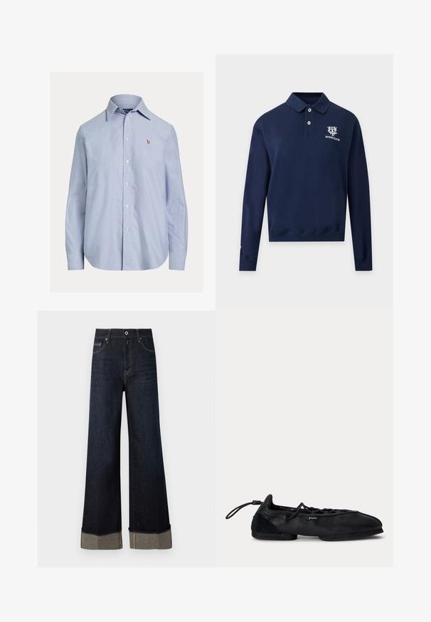 Navy blauw poloshirt met lange mouwen, twee knopen en wit Wimbledon-logo op de linkerborst.; Lichtblauw overhemd met lange mouwen en knopen, met puntige kraag en klein geborduurd logo op de linkerborst.; Donkerblauwe high-waisted wijde jeans met een raw hem, voorzien van lichtbruine stiksels en een opgerolde zoom die contrasterende stof onthult.; Zwarte leren ballerinas met veters, afgeronde neus, lage hak en Polo-merklabel aan de zijkant.