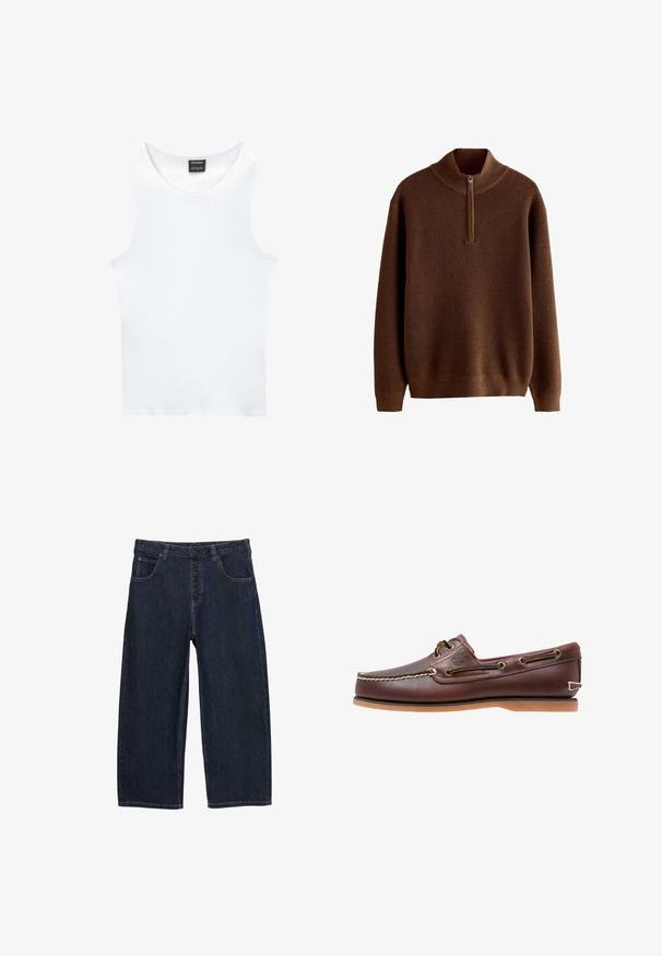 Brun strikket sweater med lange ærmer, ribbede manchetter og kant, samt en kort lynlås ved den høje krave.; Hvid ærmeløs tanktop lavet af ribbet bomuld. Har en rund halsudskæring og en glat tekstur. Etiketten siger "PULL&BEAR."; Mørkeblå denim jeans med vide ben, høj talje, fem lommer og knaplukning. Søm med syninger som detalje.; Brun læder bådsko med hvide sømme, snøre detaljer og lysbrun gummisål, vist fra siden på hvid baggrund.