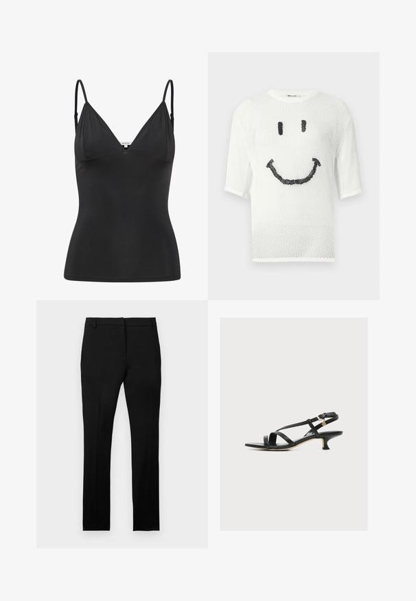 Witte gebreide trui met korte mouwen en een zwart geborduurd glimlachend gezicht op de voorkant, met een ronde hals en gaasstructuur.; Zwarte, getailleerde camisole met verstelbare dunne spaghettibandjes, V-hals, naadloos ontwerp en een zachte textuur. Gemaakt van een zachte, rekbare stof.; Zwarte op maat gemaakte pantalon met riemlussen, voorsluiting met rits en smalle rechte pijpen, weergegeven tegen een effen witte achtergrond.; Zwarte leren damessandaal met dunne gekruiste bandjes, lage kittenhak en een kleine gouden gesp aan het enkelbandje.