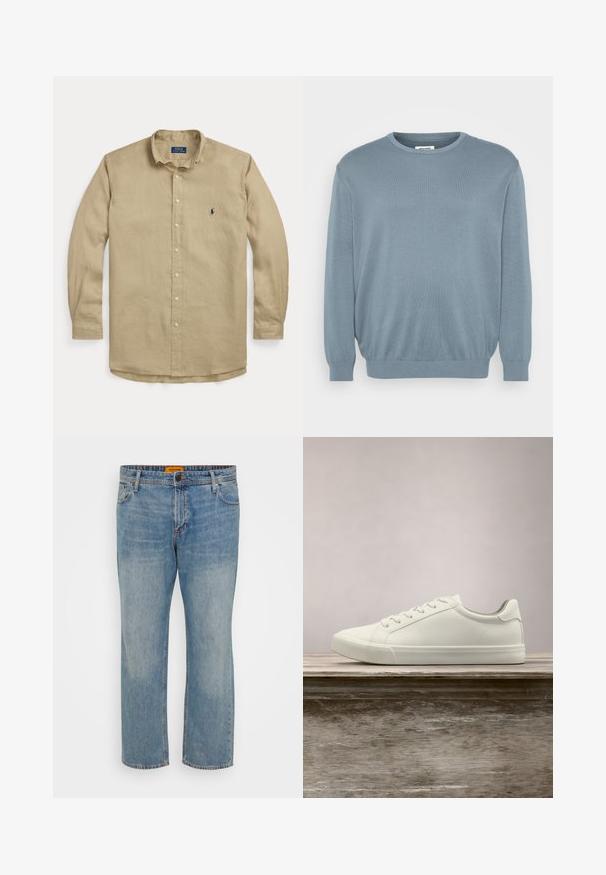 Lyseblå sweater lavet af strikket stof, med rund halsudskæring og ribbede manchetter og kant. Enkel design med en blød tekstur.; Beige langærmet skjorte med knapper, krave, forreste knapper og lille mørkeblå broderet logo på venstre bryst.; Lyseblå denim jeans med lige ben, der har fem lommer, knaplukning og orange mærke på taljebåndet.; Hvide snørresneakers svævende over en træbænk med grønne planter i baggrunden, der fremhæver skodesign og tekstur.