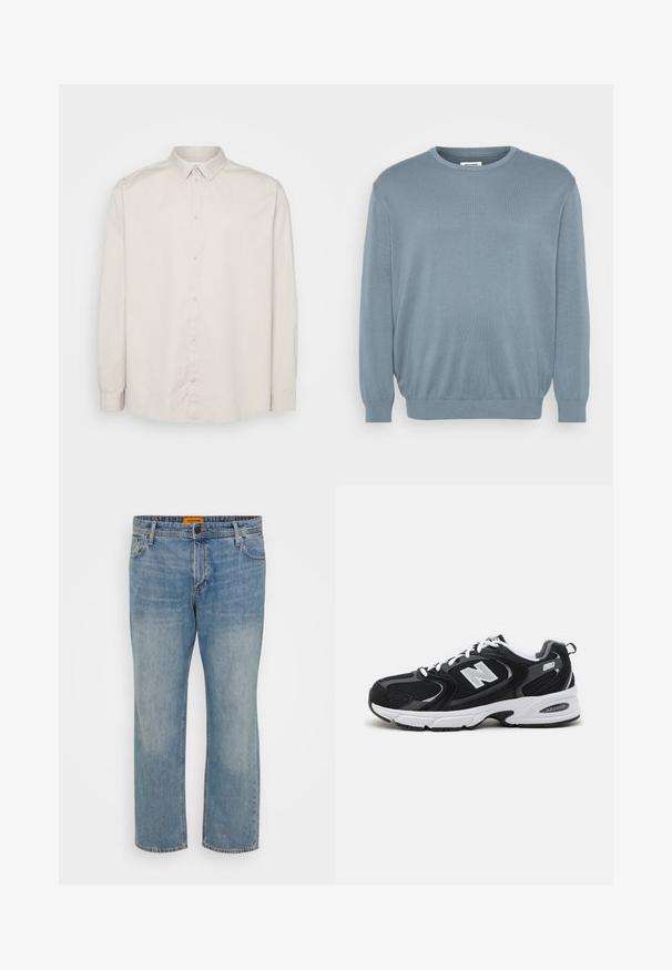 Un pull bleu clair en tissu tricoté, doté d'un col rond et de poignets et d'un ourlet côtelés. Design simple avec une texture douce.; Chemise à manches longues en coton beige clair. Dotée d'un col classique, d'une fermeture à boutons sur toute la longueur et de poignets à boutons. Texture lisse.; Jean en denim bleu clair avec une coupe droite, comportant cinq poches, une fermeture à bouton et une étiquette de marque orange sur la ceinture.; Baskets de sport noires et grises avec un tige en mesh et en suède, présentant une semelle intermédiaire blanche, des lacets et un logo "N" audacieux sur le côté.