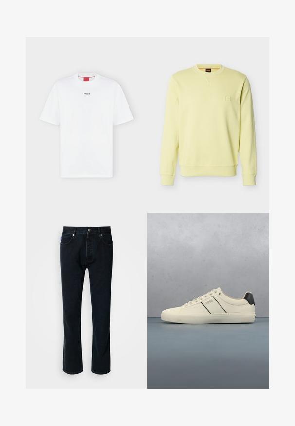 Hellgelbes Sweatshirt mit Rundhalsausschnitt, gerippten Bündchen an Ärmeln und Saum, kleinem, geprägtem Logo auf der linken Brust sowie schwarzem Nackenlabel mit oranger Umrandung.; Weißes T-Shirt mit kurzen Ärmeln und kleinem schwarzem "HUGO" Logo mittig auf der Brust und einem roten Etikett innen im Kragen.; HUGO JONAH - Jeans Straight Leg - dark blue; Cremfarbene Sneaker mit glatter Oberfläche, die schwarze Akzente und Markenlogo aufweisen. Klassisches Schnürdesign mit runder Zehenform und Gummisohle.