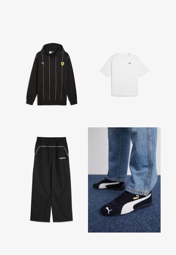 Hoodie noir avec des rayures verticales blanches, poche kangourou et logo Puma. Présente un emblème de Ferrari en jaune sur la poitrine. Tissu doux.; T-shirt en coton blanc à manches courtes, encolure ronde, et un petit logo Puma noir sur la poitrine gauche. Texture lisse.; Pantalons de sport noirs avec une taille élastique et un passepoil gris le long des poches. Présente un logo blanc sur le côté gauche.; Baskets en daim noir avec accents blancs, arborant un logo doré. Portées avec un jean en denim bleu clair et posées sur une surface bleue texturée.