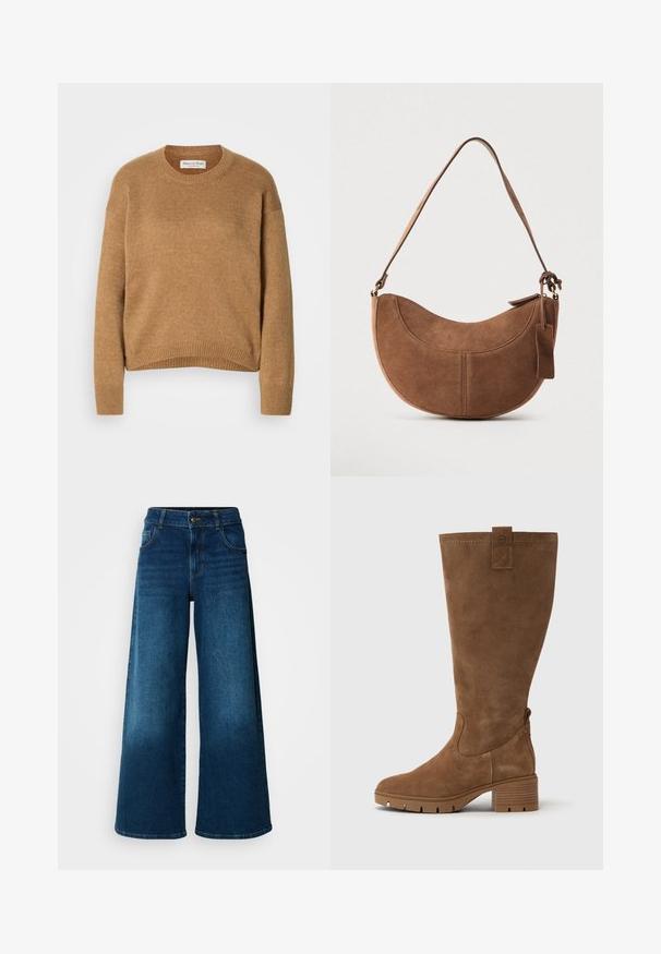Kamelbrun strikket crew-neck sweater med lange ærmer samt ribbede manchetter og kant, mærket Marc O’Polo.; Viddejeans lavet af mørkeblå denim. Har høj talje, knaplukning og klassisk fem-lomme design med subtile falme.; Tamaris Høje støvler/ Støvler - brown; Brun ruskinds håndtaske med en buet, halvmåneformet silhuet. Har en skulderrem, et lille mærke og synlige sømme langs kanterne.