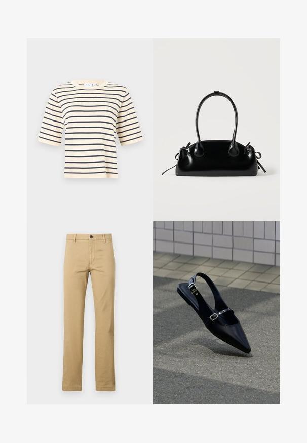 Haut à manches courtes rayé avec un col rond, base beige clair et rayures horizontales bleu marine foncé. Tissu doux et coupe décontractée.; Chinos khaki en coton, avec une coupe droite, deux poches avant, une fermeture à bouton unique et des passants de ceinture, avec une texture lisse.; Mocassin noir à bout pointu et bride arrière, avec double boucle, posé sur un asphalt gris près d'un mur carrelé en arrière-plan.; Petit sac à main noir brillant avec deux longues anses et des détails à cordon sur les côtés sur un fond clair uni.