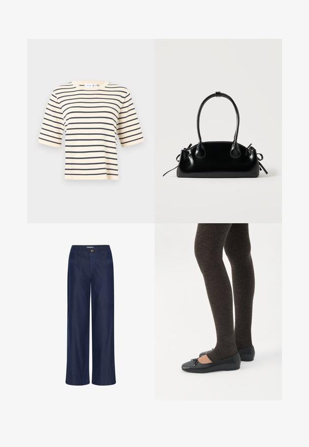 Gestreept T-shirt met korte mouwen en een ronde hals, met een lichtbeige basis en donkerblauwe horizontale strepen. Zachte stof en een ontspannen pasvorm.; ICHI IHFlared - Flared Jeans - dark blue; Benen met donkere geribbelde leggings gecombineerd met zwarte ballerina's met kleine strikdetails op een witte achtergrond.; Kleine zwarte glanzende handtas met twee lange hengsels en zijkant trekkoord details op een effen lichte achtergrond.