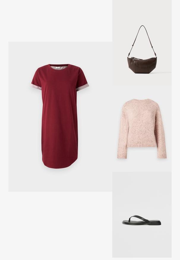 Rosa Pullover aus strukturiertem Strickstoff, mit rundem Ausschnitt und langen Ärmeln. Dezente Sprenkel verleihen dem Design eine besondere Note.; Burgunder T-Shirt-Kleid aus Baumwolle mit kurzen Ärmeln und grauen gemusterten Akzenten an den Manschetten. Verfügt über einen runden Ausschnitt und einen geraden Schnitt.; Schwarze Flip-Flops aus glattem Leder, mit einem dünnen Riemendesign und einer flachen Sohle mit minimalem Profil. Keine bemerkenswerten Muster oder Akzente.; Braune Leder-Schultertasche mit gewölbtem Boden und verstellbarem Riemen vor einfarbig hellem Hintergrund.