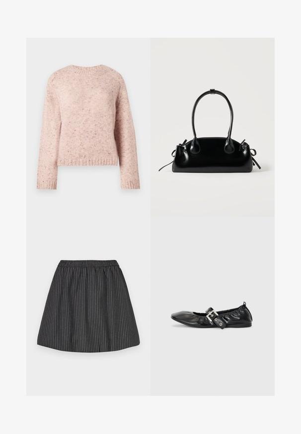 Lyserød sweater lavet af tekstureret strikstof, med rund hals og lange ærmer. Subtile prikker tilføjer detaljer til designet.; Sorte stribede nederdel med elastisk talje, har lodrette hvide pinstriber, svajet design og glat tekstur. Velegnet til afslappet brug.; Sorte læder flade sko med spids tå, samling detaljer omkring åbningen, og en sølv spænde accent på den justerbare rem.; Lille sort blank håndtaske med to lange håndtag og snøre-detaljer i siden på en ensfarvet lys baggrund.
