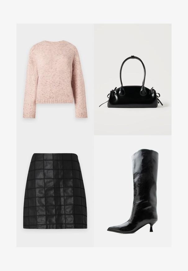 Suéter rosa hecho de tela de punto texturizada, con cuello redondo y mangas largas. Motas sutiles añaden detalle al diseño.; Minifalda de cuero negro con un patrón de cuadrícula texturizado, presenta costuras elevadas y una silueta ajustada. El acabado liso realza el diseño.; Bota negra de cuero brillante hasta la rodilla con punta puntiaguda y tacón bajo curvado sobre un fondo claro y liso.; Pequeño bolso negro brillante con dos asas largas y detalles de cordón lateral sobre un fondo claro liso.