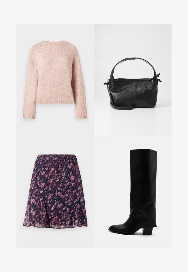 Rosa Pullover aus strukturiertem Strickstoff, mit rundem Ausschnitt und langen Ärmeln. Dezente Sprenkel verleihen dem Design eine besondere Note.; Marinefarbene Rock mit elastischem Bund, der ein pink-lila abstraktes Blumenmuster und einen leicht ausgestellt geschnittenen Saum aufweist.; Hoher schwarzer Lederstiefel mit schräger Naht, spitzer Spitze und klobigem mittelhohem Absatz auf weißem Hintergrund.; Schwarze Lederhandtasche mit strukturiertem Design, rundem Haltegriff und abnehmbarem Schulterriemen. Sie weist eine glatte Oberfläche und einen subtilen Glanz auf.