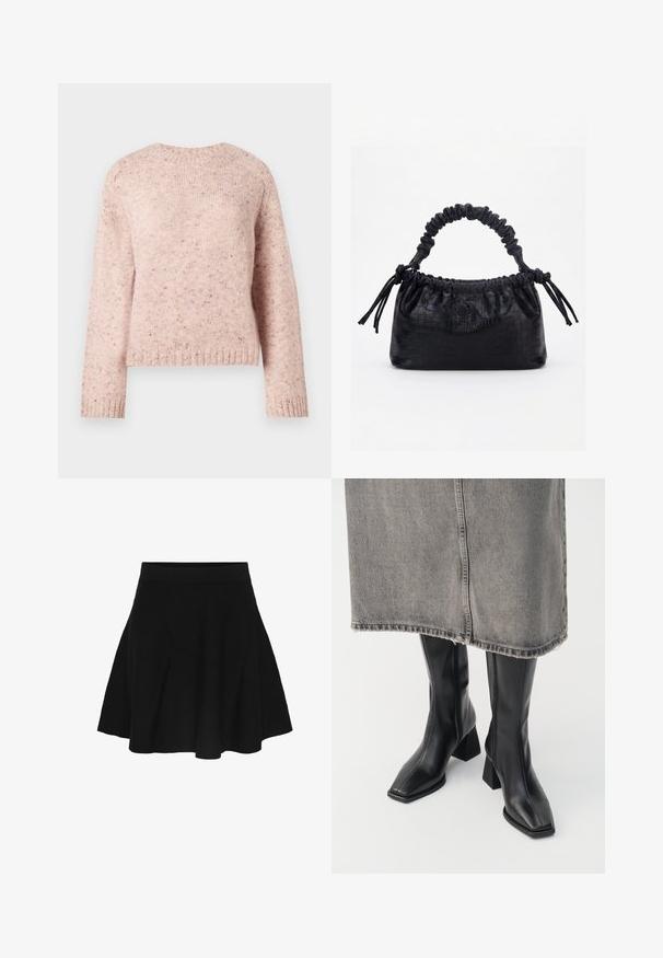 Rosa Pullover aus strukturiertem Strickstoff, mit rundem Ausschnitt und langen Ärmeln. Dezente Sprenkel verleihen dem Design eine besondere Note.; Schwarzer A-Linien-Rock mit tailliertem Bund, der sich sanft zum Saum hin ausweitet, dargestellt auf weißem Hintergrund.; Schwarze knielange Stiefel aus glattem Leder mit quadrater Zehenpartie und Blockabsatz. Getragen mit einem grauen Jeansrock mit ausgefranstem Saum.; Schwarze Handtasche mit Krokodilstruktur, gerafftem oberen Rand, zusammengezogenem Griff und Zugkordeln mit Quasten an jeder Seite vor weißem Hintergrund.