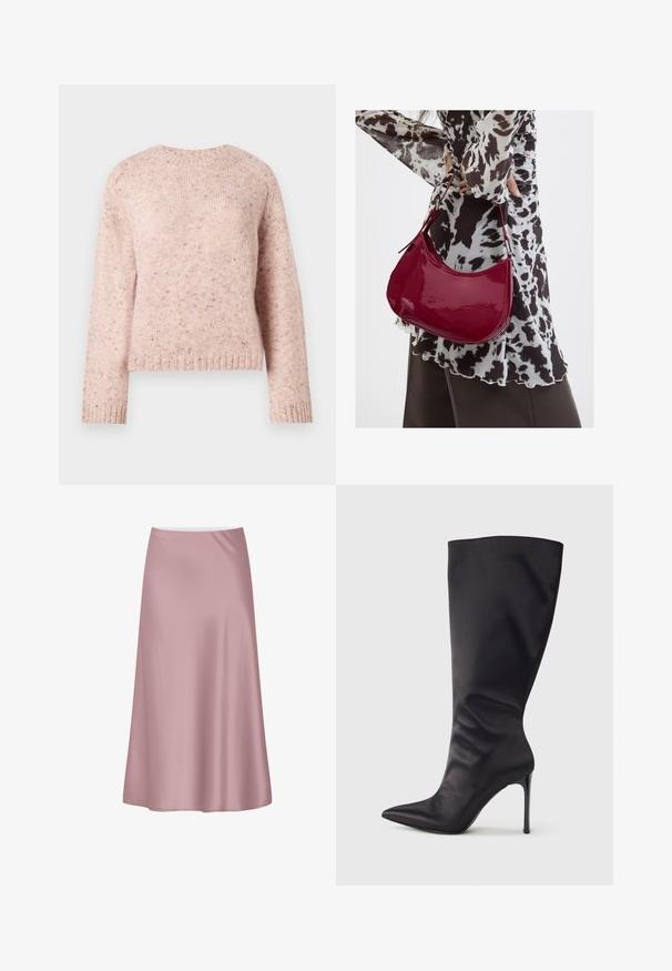 Lyserød sweater lavet af tekstureret strikstof, med rund hals og lange ærmer. Subtile prikker tilføjer detaljer til designet.; Blød lyserød satin midi-nederdel med A-formet silhuet og glat, flydende stof.; Sort knæhøj stiletstøvle lavet af glat, glansfuldt materiale; spids tå; tætsiddende pasform med let samling nær anklen; skinnende hæl.; Kvinde iført en sort- og hvidmønstret bluse, der holder en blank rød skuldertaske mod en ensfarvet baggrund.