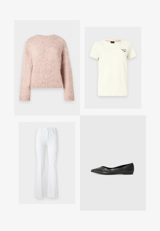 Lyserød sweater lavet af tekstureret strikstof, med rund hals og lange ærmer. Subtile prikker tilføjer detaljer til designet.; Kremfarvet kortærmet T-shirt med rund halsudskæring med lille grønt motiv og "Boss" tekst på venstre bryst, ensfarvet baggrund.; Hvide jeans med høj talje med knap- og lynlåslukning, for- og baglommer og vide ben mod en ensfarvet lys baggrund.; Sorte læder balletlejersko med spids tå, lav hæl og glat overflade. Minimalistisk design med en diskret sideaccent.