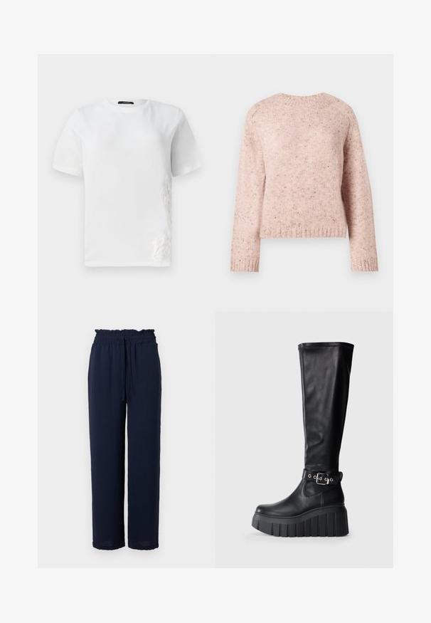 Pull en maille texturée de couleur rose, avec un col rond et des manches longues. Des éclats subtils ajoutent du détail au design.; T-shirt en coton blanc à manches courtes, col rond, avec une broderie en dentelle décorative sur le côté gauche. Texture lisse, design décontracté.; Pantalons larges bleu marine avec taille papeterie élastiquée et lien de serrage, fabriqués à partir d'un tissu léger et texturé.; Bottes noires montantes en cuir lisse, avec une semelle épaisse, un talon chunky et un accent de ceinture ajustable près de la cheville.