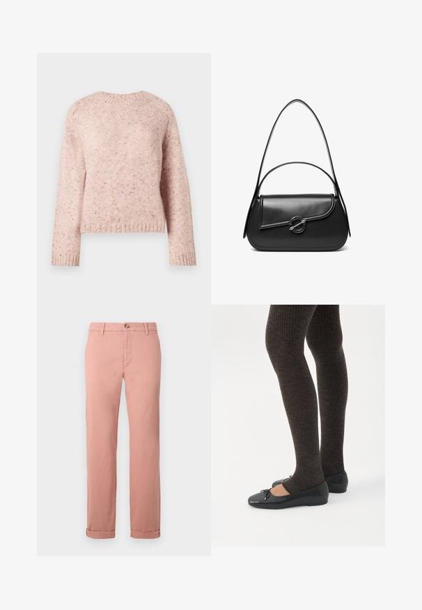 Pull en maille texturée de couleur rose, avec un col rond et des manches longues. Des éclats subtils ajoutent du détail au design.; Chinos rose clair en coton avec des jambes droites, dotés d'une fermeture à bouton sur le devant, de passants de ceinture et de poignets retroussés. Texture lisse.; Jambes portant des leggings côtelés foncés associés à des ballerines noires avec de petits détails en nœud sur fond blanc.; Sac à bandoulière en cuir noir avec un rabat incurvé fermé par un fermoir métallique rond et une sangle fine et ajustable.