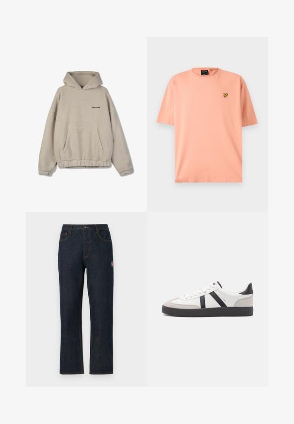 Beige fleecová mikina s kapucňou, predná vrecko, elastický spodný lem a manžety. Malé čierne logo na hrudi. Mäkká textúra.; Jednofarebné broskyňové tričko s krátkym rukávom, okrúhlym výstrihom a malým žlto-čiernym vyšívaným logom na ľavej strane hrudníka.; Tmavomodré džíny s rovnými nohavicami, klasickým päť vreckovým dizajnom, zapínaním na horný gombík a kontrastným oranžovým prešívaním. Červený logo štítok na boku.; Biele tenisky s čiernymi a šedými akcentmi, s textúrovanou šedou špičkou, čiernou gumovou podrážkou a plochými bielymi šnúrkami. Čistý dizajn, minimalistický štýl.