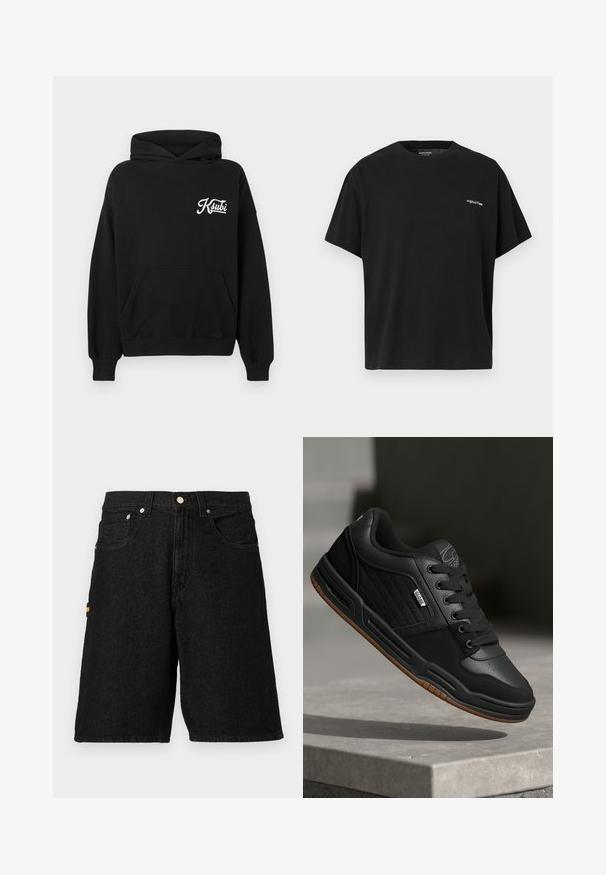 Sort hættetrøje lavet af stof med en frontlomme. Har hvidt "Ksubi"-logo på venstre brystområde. Standard pasform.; Sort T-shirt med korte ærmer og rund halsudskæring med lille hvid tekst "originals 1990" på den øverste venstre bryst.; Sorte denimshorts med et klassisk fem-lomme design, sølvhardware og en diskret orange detalje på sidelommen.; Sort sneakers med overdel i læder og syntetisk materiale, teksturede detaljer, runde snørebånd, perforeret tåboks og sål af gummigummi.