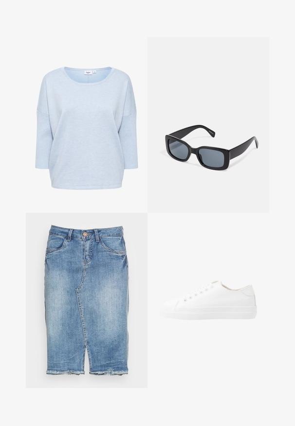 Suéter azul claro de talla grande con escote redondo, mangas tres cuartos, textura acanalada en las mangas y tela suave. Etiqueta de la marca visible.; Falda vaquera azul claro con abertura frontal, dobladillo deshilachado, trabillas para cinturón, cierre de botones y bolsillos delanteros.; Zapatillas de lona blancas con un diseño de corte bajo, puntera redonda, seis ojetes y suela de goma texturizada. Material suave con acentos mínimos.; Gafas de sol rectangulares negras con lentes oscuros, montura de plástico grueso y patillas anchas. Superficie lisa y diseño anguloso.