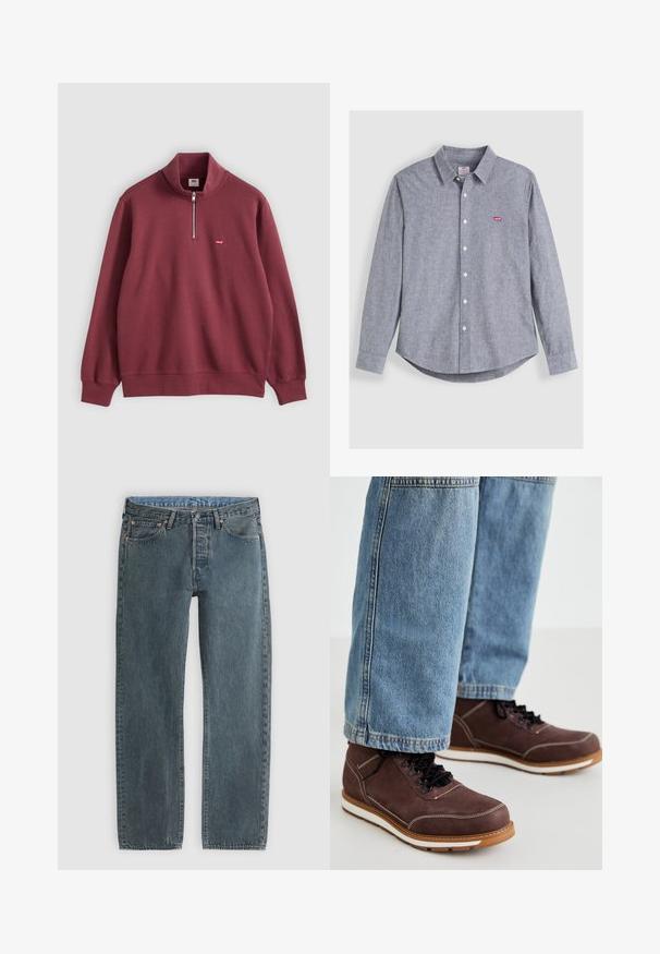 Mørkerød langærmet pullover med kvart lynlås og lille rødt Levi's-logo på venstre bryst, med ribkant på ærmer og kant.; Grå langærmet skjorte med knapper og krave, prydet med et lille rødt logo på brystet, lavet af struktureret stof med hvide knapper.; Blå denimjeans med klassisk fem-lomme-design og lige ben, vist fladt på en lys baggrund.; Brune lædersko med sorte snørebånd, hvid syning og gummisål. Bæres sammen med lyseblå denim jeans i en let løs pasform.