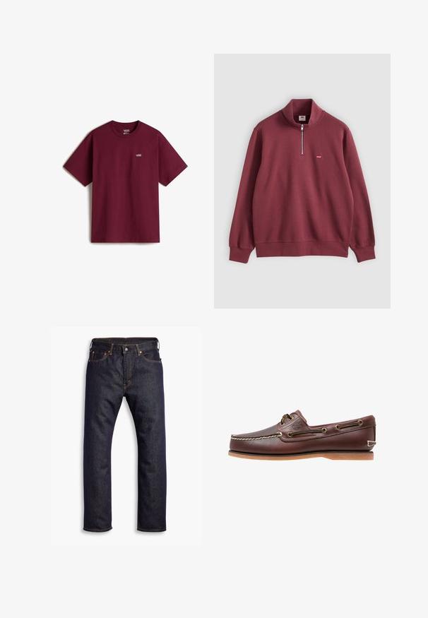 Sudadera burdeos de manga larga con cremallera de un cuarto y pequeño logo rojo de Levi's en el pecho izquierdo, con puños y dobladillo acanalados.; Camiseta de algodón marrón con mangas cortas, escote redondo y pequeño logo blanco de Vans en el pecho izquierdo. Textura suave, corte holgado.; Jeans de mezclilla rectos de color azul oscuro con cinco bolsillos y costuras en contraste naranjas, presentados planos sobre un fondo blanco.; Zapato náutico de cuero marrón con costuras blancas, detalles de cordones y suela de goma color coñac, mostrado de lado sobre un fondo blanco.