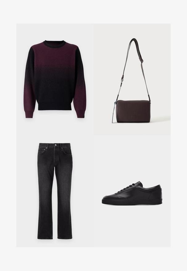 Pullover-Pullover in einem Verlauf von Schwarz zu tiefem Lila. Weicher Strickstoff, runder Halsausschnitt und lange Ärmel. Gerippte Bündchen und Saum.; Schwarze Denim-Jeans mit geradem Bein, mittlerer Taillenhöhe, Fronttaschen und klassischem Knopfverschluss.; Schwarzer flacher Leder-Sneaker mit Schnürung vorne und flacher Gummisohle, seitlich auf einem schlichten weißen Hintergrund gezeigt.; Dunkelbraune, strukturierte Leder-Crossbody-Tasche mit verstellbarem Riemen und kleinem dekorativen blauen Akzent an der Seite.