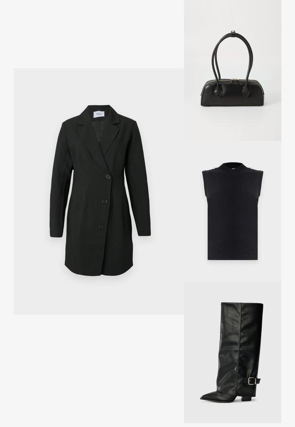 Sort ærmeløs strikvest med høj rund hals og to små knapper på skuldersømmene, ensfarvet tekstureret stof.; Sort skræddersyet blazer med lange ærmer, notch revers og fem knapper foran. Fremstillet af struktureret stof med en glat indvendig foring.; Sorte læder ankelstøvler i ankellængde med spids tå, glat tekstur og en sølvspændeaccents på siden. Kraftig firkantet hæl.; Sort læder håndtaske med to langstrakte håndtag, lynlåslukning og afrundet form; glat tekstur med en subtil blank finish.