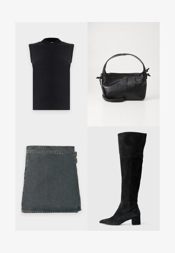 Veste sans manches en tricot noir avec col montant et deux petits boutons sur les coutures des épaules, tissu uni à texture mate.; Jupe en denim bleu foncé avec une surface texturée, dotée de deux boucles latérales et d'un ourlet droit. Coutures visibles le long des bords.; Bottes noires en daim montant au-dessus du genou, avec un bout pointu et un talon bloc. Texture lisse avec des coutures latérales et une coupe ajustée.; Sac à main en cuir noir au design structuré, avec une poignée arrondie et une bandoulière amovible. Présente une texture lisse et un éclat subtil.