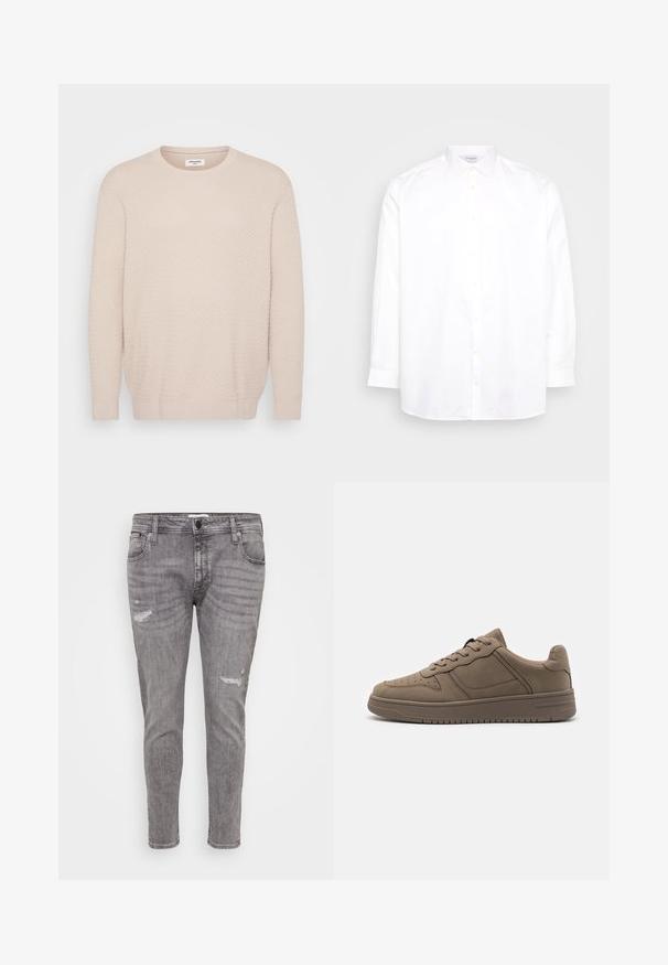 Lys beige sweater med et tekstureret mønster, rund halsudskæring og lange ærmer. Ribbet manchetter og kant for en tætsiddende finish. Blødt materiale.; Hvid langærmet skjorte med knapper lavet af bomuld. Har en spids krave og seks knapper fortil. Glat tekstur, normal pasform.; Grå denim jeans med slidte detaljer, slim fit, standard fem-lomme design og en let sammenløbende ben.; Call it Spring FRESHH - Sneakers - other grey