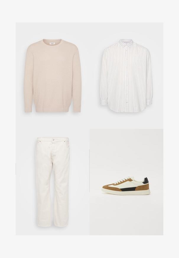 Helles beige Sweater mit strukturiertem Muster, runder Halslinie und langen Ärmeln. Gerippte Bündchen und Saum für einen figurschmeichelnden Abschluss. Weiches Material.; Hemd mit Knopfleiste in Weiß und hellbeigen Streifen, lange Ärmel, Tasche auf der linken Brust, klassischer Kragen, leichtes Material.; Weiße Denim-Jeans mit geradem Schnitt, ausgestattet mit einem Knopfverschluss, Gürtelschlaufen und zwei Seitentaschen. Glatte Textur, minimale Details.; Sneaker mit einer Mischung aus weißen, braunen und schwarzen Materialien, im Design aus Wildleder und Leder, runder Zehenpartie und flacher Gummisohle.