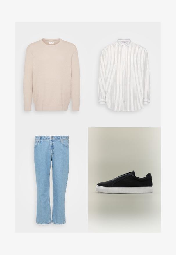 Helles beige Sweater mit strukturiertem Muster, runder Halslinie und langen Ärmeln. Gerippte Bündchen und Saum für einen figurschmeichelnden Abschluss. Weiches Material.; Hemd mit Knopfleiste in Weiß und hellbeigen Streifen, lange Ärmel, Tasche auf der linken Brust, klassischer Kragen, leichtes Material.; Helle blaue Denim-Jeans mit geradem Bein, ausgestattet mit einem Fünf-Taschen-Design und einem Knopfverschluss an der Taille.; Schwarzer Low-Top-Sneaker mit weißer Gummisohle, Schnürdesign und gepolstertem Kragen, dargestellt auf neutral grauem Hintergrund.