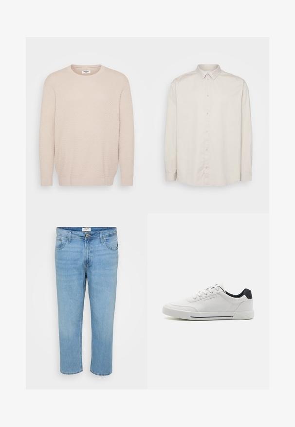 Lys beige sweater med et tekstureret mønster, rund halsudskæring og lange ærmer. Ribbet manchetter og kant for en tætsiddende finish. Blødt materiale.; Langærmet skjorte i lys beige bomuld. Har en klassisk krave, fuld knaplukning og manchetter med knapper. Glat tekstur.; Lys blå denimjeans med en afslappet pasform, fem-lomme design, knaplukning og synlige syninger.; Hvide sneakers med en glat syntetisk overdel, rund tå, snørebåndsdesign, marineblå accent på hælen og en tekstureret gummisål med en sort stribe.