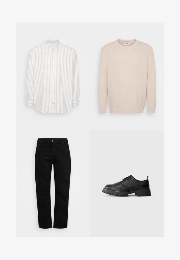 Lys beige sweater med et tekstureret mønster, rund halsudskæring og lange ærmer. Ribbet manchetter og kant for en tætsiddende finish. Blødt materiale.; Skjorte med knap-op i hvid og lys beige striber, lange ærmer, lomme på venstre bryst, klassisk krave, letvægtsstof.; Sorte jeans lavet af bomuld, med klassisk snit, fem-lomme design og metalknaplukning. Glat tekstur med lige ben.; Sorte læder snøresko med rund tå, tekstureret overflade og kraftig gummisål med dybe riller for bedre greb.