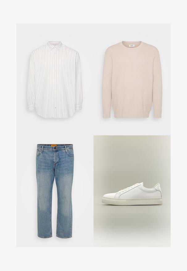 Helles beige Sweater mit strukturiertem Muster, runder Halslinie und langen Ärmeln. Gerippte Bündchen und Saum für einen figurschmeichelnden Abschluss. Weiches Material.; Hemd mit Knopfleiste in Weiß und hellbeigen Streifen, lange Ärmel, Tasche auf der linken Brust, klassischer Kragen, leichtes Material.; Hellblaue Denim-Jeans mit geradem Bein, ausgestattet mit fünf Taschen, einem Knopfverschluss und einem orangefarbigen Markenschild am Bund.; Weißer Sneaker mit niedrigem Schaft, vorn mit Schnürung und dicker Sohle, aus der Seitenansicht vor neutralem Hintergrund.