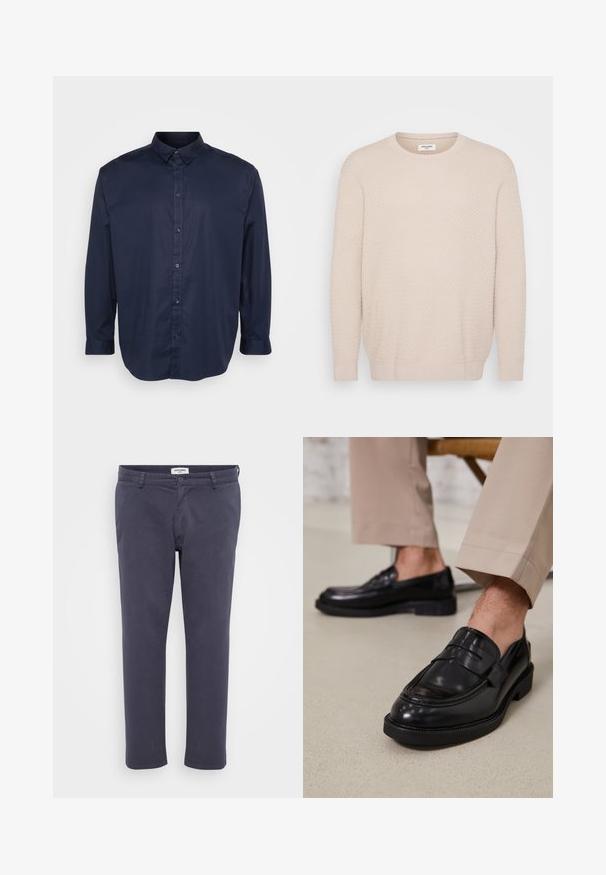 Pull léger beige avec un motif texturé, encolure arrondie et manches longues. Bords-côtes au niveau des poignets et de l'ourlet pour une finition ajustée. Matière douce.; Chemise à manches longues bleu marine en tissu lisse, avec un col pointu, un devant boutonné et un ourlet arrondi.; Pantalon bleu marine en tissu lisse avec une coupe slim, doté de poches avant, d'une fermeture à bouton et d'une finition soignée au bas.; Mocassins en cuir noir avec une finition lisse, ornés d'une sangle décorative et de coutures contrastées, associés à un pantalon beige.