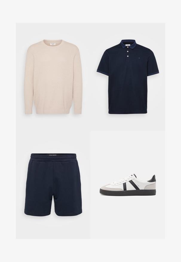 Helles beige Sweater mit strukturiertem Muster, runder Halslinie und langen Ärmeln. Gerippte Bündchen und Saum für einen figurschmeichelnden Abschluss. Weiches Material.; Marineblaues Polohemd aus weichem Stoff, mit klassischem Kragen, Drei-Knopf-Leiste und kontrastierenden gestreiften Akzenten an den Ärmeln.; Marineblaue Baumwollshorts mit einem elastischen Bund, ausgestattet mit einer glatten Textur und genähten Säumen. Kleines Markenlogo an der Seite.; Weiße Sneaker mit schwarz- und grau-aczenten, ausgestattet mit einer strukturierten grauen Zehenkappe, schwarzer Gummi-Sohle und flachen weißen Schnürsenkeln. Sauberes Design, minimalistische Stil.