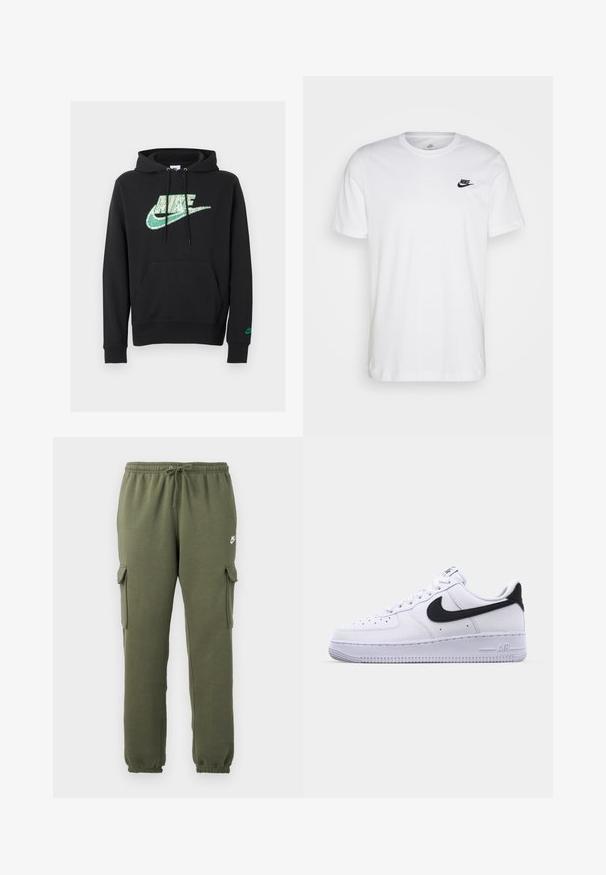 Čierna mikina s kapucňou Nike s zeleným pixelovým logom na hrudi, predným vreckom na trikárový štýl, kapucňou so sťahovacou šnúrkou a malým zeleným logom na ľavom rukáve.; Biela bavlnená tričko s okrúhlym výstrihom, krátkymi rukávmi a čiernym logom Nike na ľavej hrudi. Jednoduchý, jednofarebný dizajn.; Olivové cargo nohavice s elastickým pásom, šnúrkovým zapínaním, bočnými vreckami a značkovým logom na stehne. Hladká zmes bavlny.; Biele kožené tenisky s textúrovaným čiernym Swooshom, plochými šnúrkami a gumovou podrážkou s ryhovaným vzorom. Na päte je embosovaný nápis "AIR".