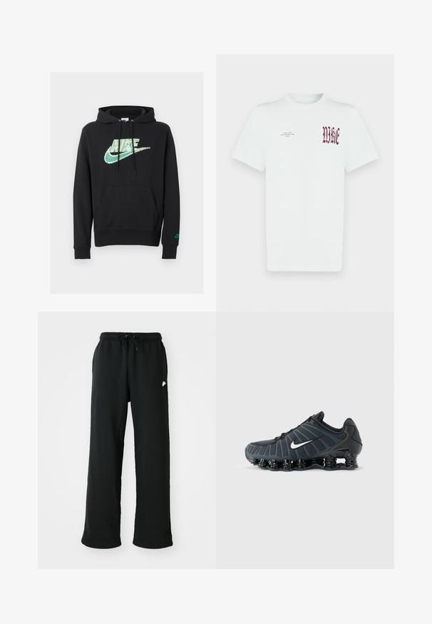 Sweat à capuche Nike noir avec un logo pixellisé vert sur la poitrine, une poche kangourou avant, une capuche à cordon et un petit logo vert sur la manche gauche.; T-shirt en coton blanc avec un graphique rouge "NIKE" et un texte sur le côté gauche de la poitrine. Manches courtes et col rond, texture lisse.; Pantalons de survêtement noirs en tissu doux, dotés d'une taille élastique avec cordon de serrage réglable et d'un petit logo décoratif sur le côté.; Chaussure de course Nike noire avec logo swoosh blanc, semelle segmentée rembourrée et tige en maille respirante sur fond gris uni.
