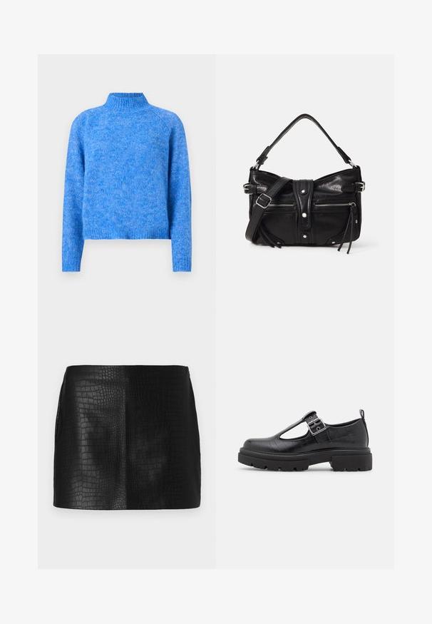 Lys blå strikket turtleneck sweater med en let cropped pasform, raglanærmer og en blød, tekstureret finish. Stoffet har et meleret udseende.; Sort faux læder mini nederdel med et struktureret krokodillemønster, der har en glat overflade og skræddersyet pasform uden synlig hardware.; Sort faux lædersko med krokodillestruktur, rund tå, ankelstrop med metalspænde og en kraftig gummisål.; Even&Odd by Zalando H24462 - Håndtasker - black