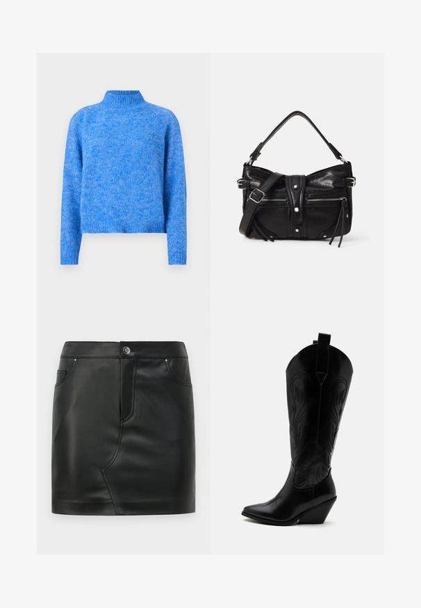 Lys blå strikket turtleneck sweater med en let cropped pasform, raglanærmer og en blød, tekstureret finish. Stoffet har et meleret udseende.; Sort faux læder mini nederdel med frontknap, lynlås lukning, front- og baglommer samt sømdetaljer.; Sort læder cowboystøvle med spidst tåparti, skråt blokhælhæl, dekorative sømme og trækstropper øverst mod hvid baggrund.; Even&Odd by Zalando H24462 - Håndtasker - black
