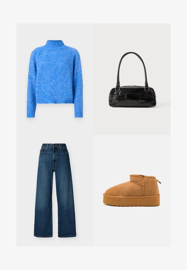 Lys blå strikket turtleneck sweater med en let cropped pasform, raglanærmer og en blød, tekstureret finish. Stoffet har et meleret udseende.; Blå denimjeans med høj talje og vide ben, forstærket med knap- og lynlåslukning foran, bæltestropper og forlommer på en ensfarvet baggrund.; Brune suede ankelstøvler med en rund tå, lav skæring, og en tekstureret gummisål med en lille platform og et hængsel.; Sort læderhåndtaske med rektangulær form, der har et enkelt struktureret håndtag, sølvhardware og lynlås-lukning. Glat tekstur.