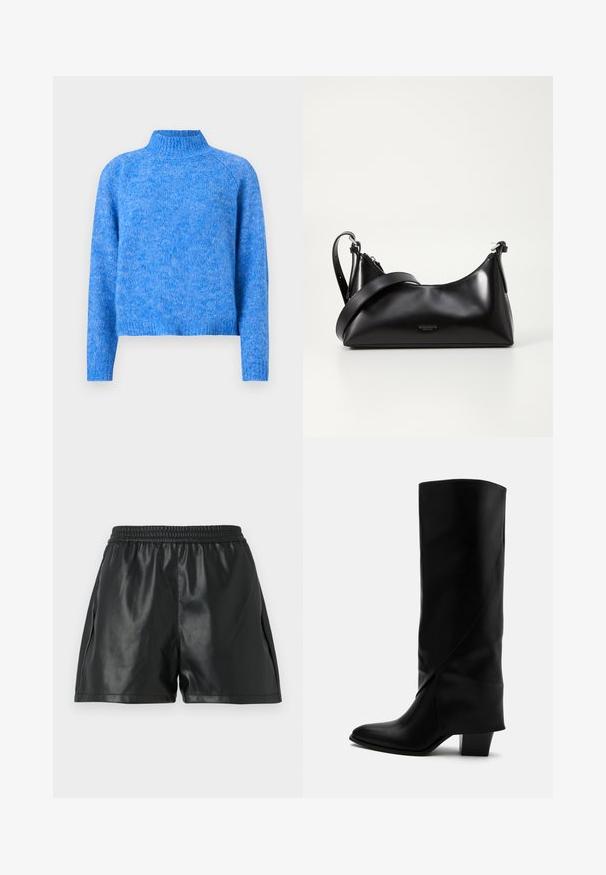 Lys blå strikket turtleneck sweater med en let cropped pasform, raglanærmer og en blød, tekstureret finish. Stoffet har et meleret udseende.; Sorte shorts i kunstlæder med elastisk talje, der har en glat tekstur og løs pasform. Ingen synlige mønstre eller detaljer.; Høj sort læderstøvle med skråt syning, spids tå og kraftig mellemhøj hæl på hvid baggrund.; Sort læderhåndtaske med en glat tekstur. Har en justerbar stropp og et enkelt, minimalistisk design med lynlås.
