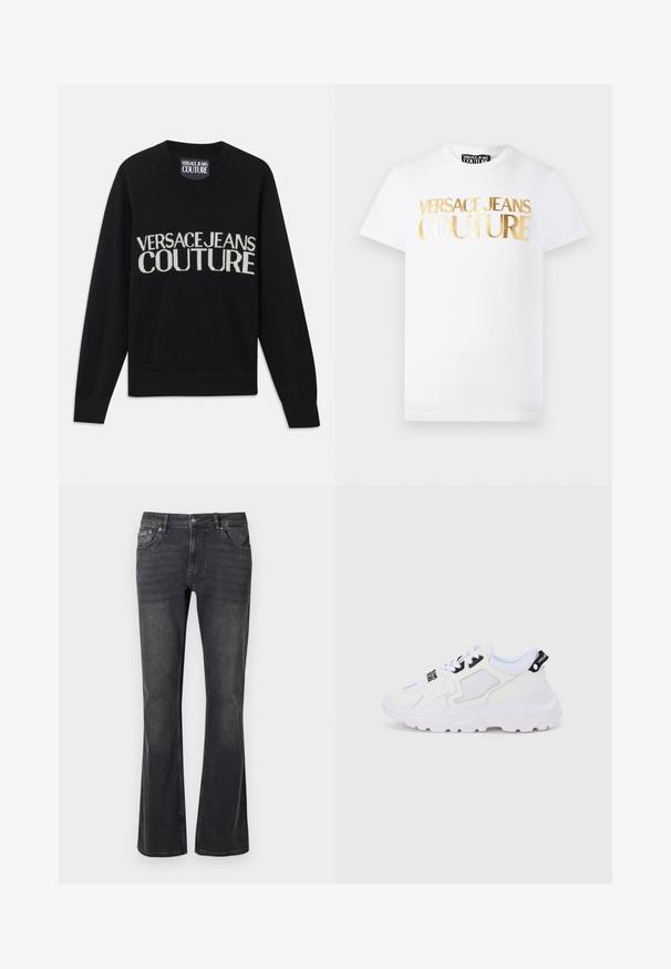 Sort strikket sweater med rund hals. Har "VERSACE JEANS COUTURE" logo i kontrasterende cremefarve. Ribbet manchetter og kant. Blød tekstur.; Hvid kortærmet T-shirt med gyldent metallisk "Versace Jeans Couture" tekst på fronten og rund halsudskæring.; Sorte denimbukser med en flared design, fem lommer og metalknaplukning. Stoffet har en glat tekstur med subtil slid.; Hvide atletiksneakers med en chunky sål, mesh og syntetisk overdel, sorte accentdetaljer og snørebånd. Tekstureret design og logo på hælen.