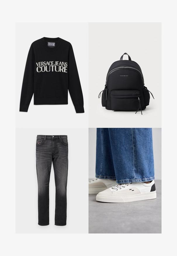 Sort strikket sweater med rund hals. Har "VERSACE JEANS COUTURE" logo i kontrasterende cremefarve. Ribbet manchetter og kant. Blød tekstur.; Sorte denim jeans med lige ben, fem lommer, subtil falming og et lille rødt stofmærke på forlommen.; Hvide og sorte sneakers med en glat læderoverdel, teksturerede detaljer og en kraftig hvid sål. Har et klassisk snørebåndsdesign.; Sort nylon rygsæk med en tekstureret overflade, sølv lynlås, frontlomme og justerbare stropper. Har branddetaljer på forsiden.