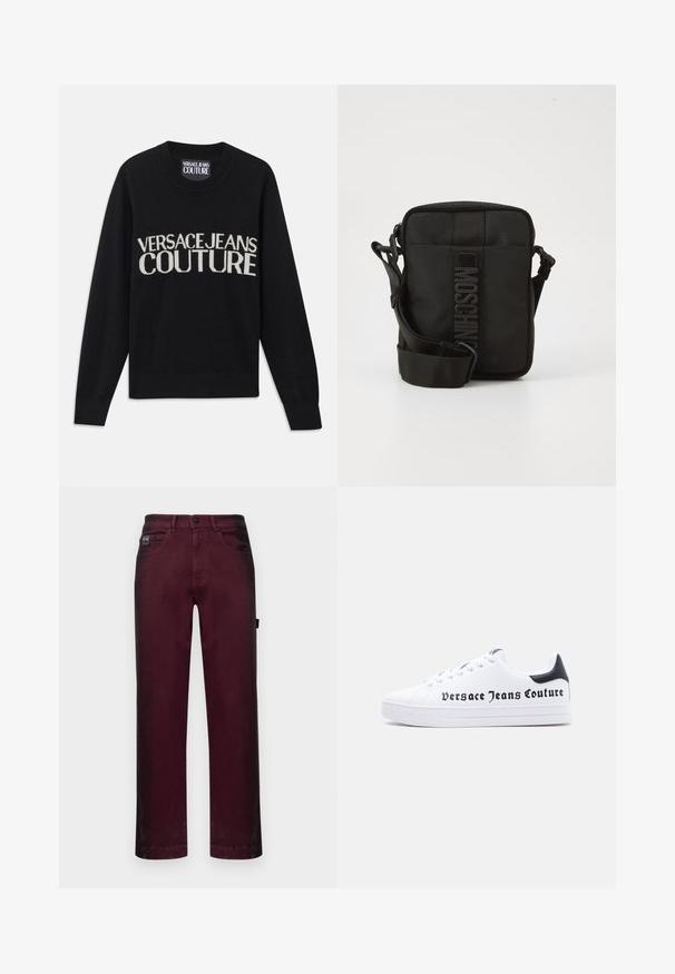 Schwarzer Strickpullover mit Rundhalsausschnitt. Mit Kontrastschriftzug "VERSACE JEANS COUTURE" in cremefarben. Rippbündchen und Saum. Weiche Textur.; Burgunderfarbene Denim-Hosen mit geradem Schnitt, fünf Taschen, Metallknopfverschluss und Gürtelschlaufen für eine verstellbare Passform.; Weißer Sneaker mit niedrigem Schnitt, schwarzem Fersenlasche, Schnürdesign und dem Schriftzug "Versace Jeans Couture" in Schwarz auf der Seite gedruckt.; Kompakte schwarze Umhängetasche mit verstellbarem Tragegurt und vertikalem MOSCHINO-Logo auf dem mittleren Frontpanel vor weißem Hintergrund.