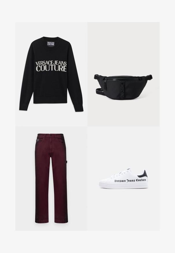 Schwarzer Strickpullover mit Rundhalsausschnitt. Mit Kontrastschriftzug "VERSACE JEANS COUTURE" in cremefarben. Rippbündchen und Saum. Weiche Textur.; Burgunderfarbene Denim-Hosen mit geradem Schnitt, fünf Taschen, Metallknopfverschluss und Gürtelschlaufen für eine verstellbare Passform.; Weißer Sneaker mit niedrigem Schnitt, schwarzem Fersenlasche, Schnürdesign und dem Schriftzug "Versace Jeans Couture" in Schwarz auf der Seite gedruckt.; Schwarze Moschino Bauchtasche mit Frontreißverschluss und verstellbarem Riemen auf einfachem hellem Hintergrund.